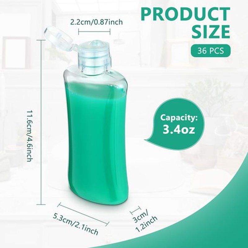 Domensi 36 Pcs 3.4 oz Travel Bottles with Flip Cap Clear Plastic Travel Size Containers Portable Leak Proof Squeeze Bottle Refillable Empty Cosmetic Containers for Liquid Shampoo Lotion(Clear)