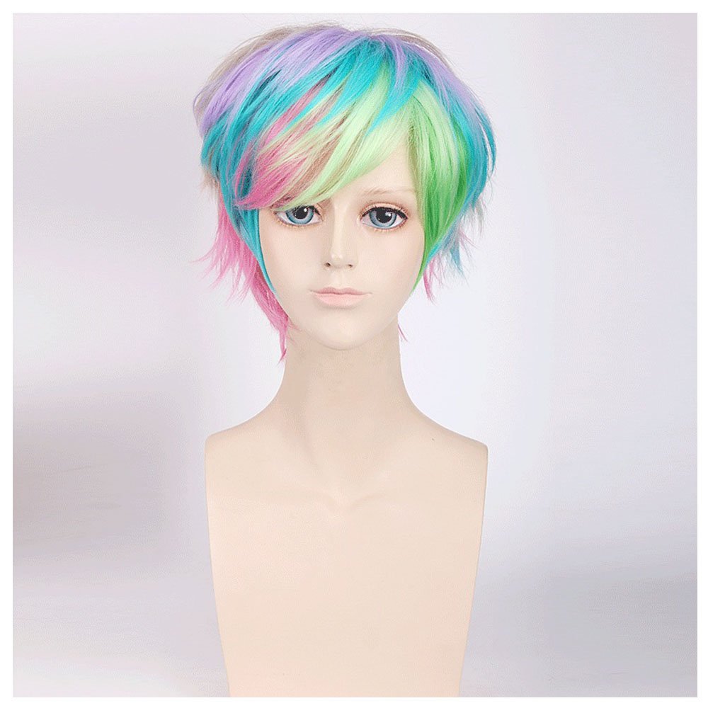 BERON Women's Rainbow Short Straight Bob Wig Rose Net with Wig Cap