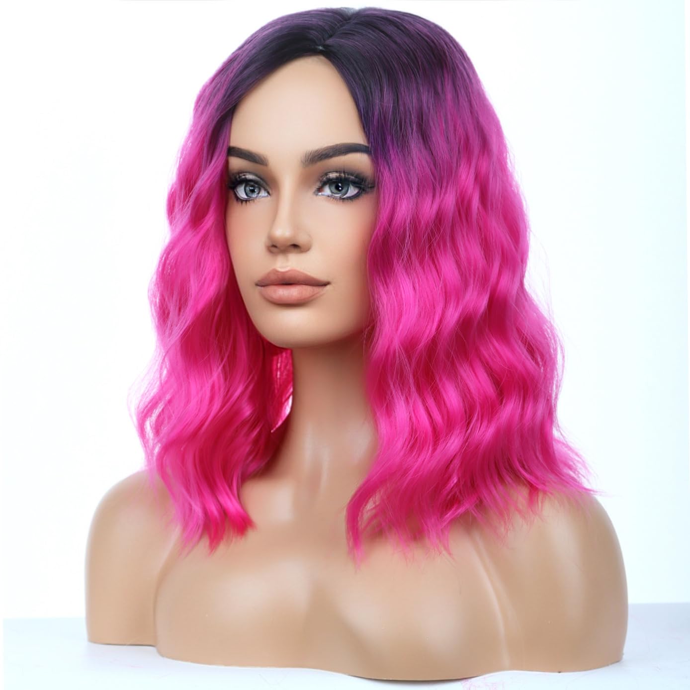 BERON Hot Pink Short Wigs Curly Bob Wig Ombre Color Wavy Hair Wigs Side Part Women's Synthetic Wigs Daily Party Use