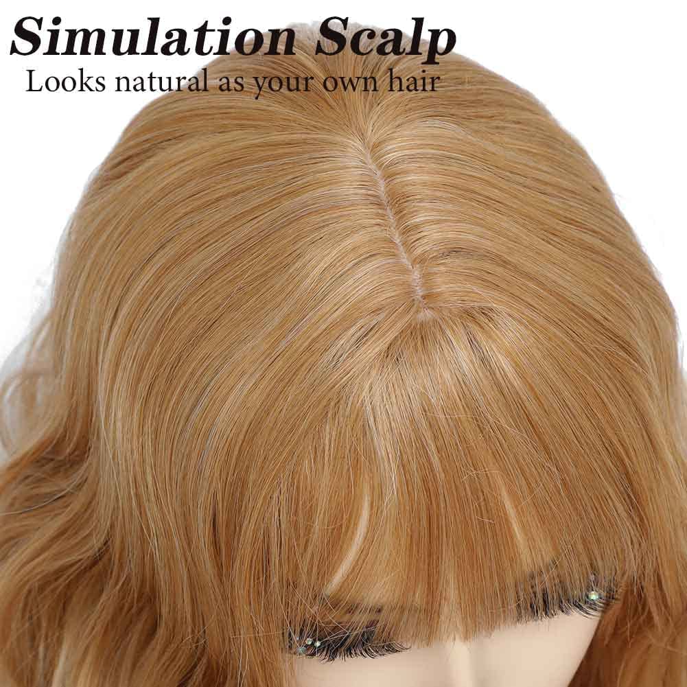 SOKU Strawberry Blonde Natural Straight Wig with Bangs 28" Long Straight Honey Blonde Fringe Wig Synthetic Silky Hair Wigs for Women Cosplay Costume Wigs