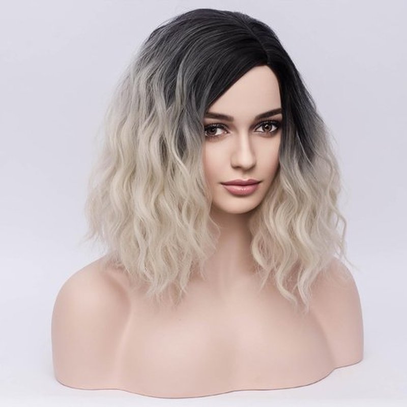 BERON Black Ombre Platinum Women Wig Girls Short Curly Wavy Hair Wigs Shoulder Length Synthetic Wigs for Daily or Cosplay Used