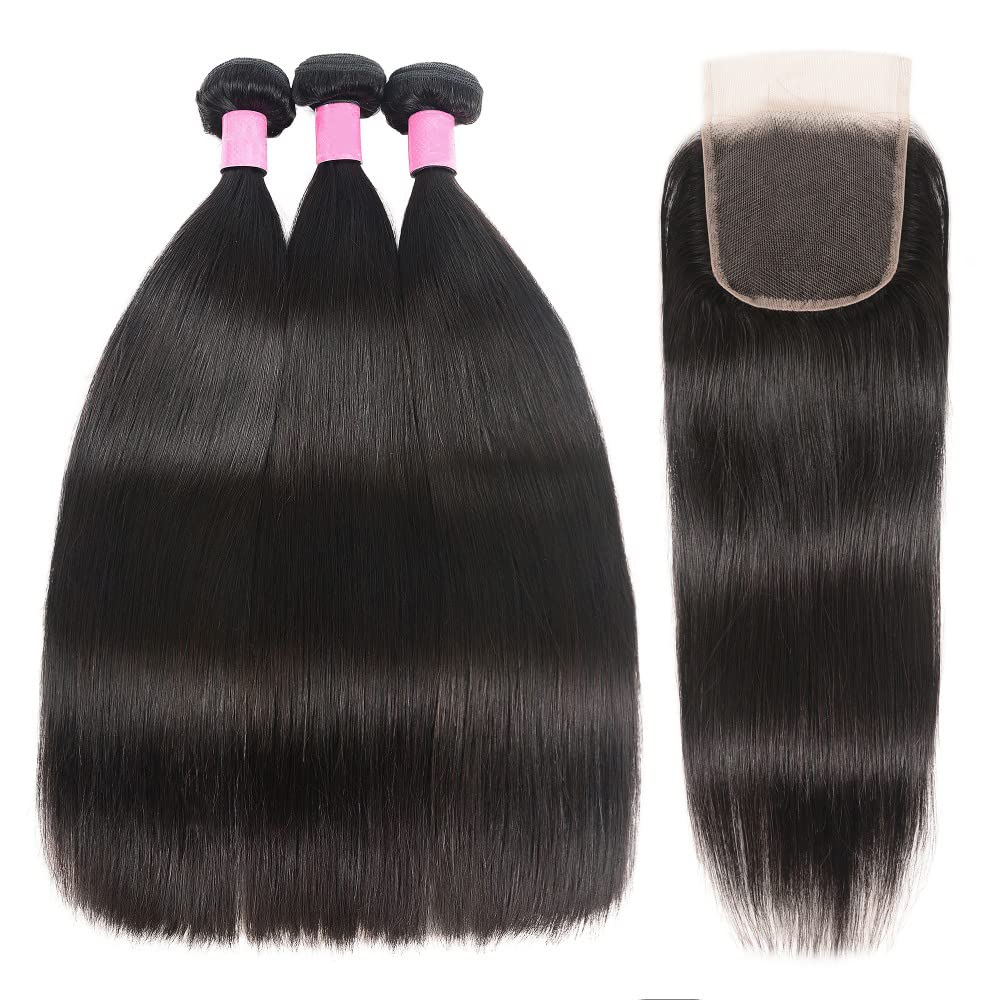 Brazilian Human Hair Bundles with Closure (22 24 26+20) 10A Straight Bundles with Closure 100% Unprocessed Virgin Quick Weave 3 Bundles Human Hair with Lace Closure Free Part