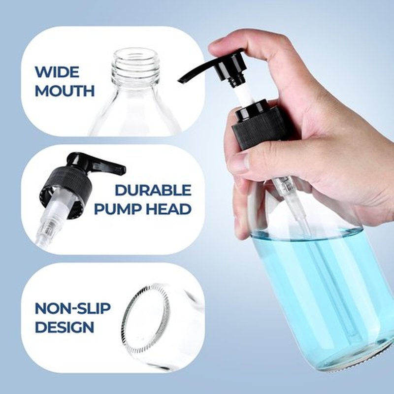 Glass Pump Bottle Dispenser 10.8 oz,Homepicker Lotion Bottle with Pump for Body Oil,300ml Glass Bottles with 1 Extra Pump Tops, Black Caps, Labels - 2 Pack