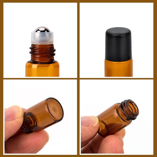 ZEJIA 2ML Essential Oil Roller Bottles, 24 Pack Amber roller bottles for oils, Mini Glass Roll on Bottles with Stainless Steel Roller Balls&2 Droppers
