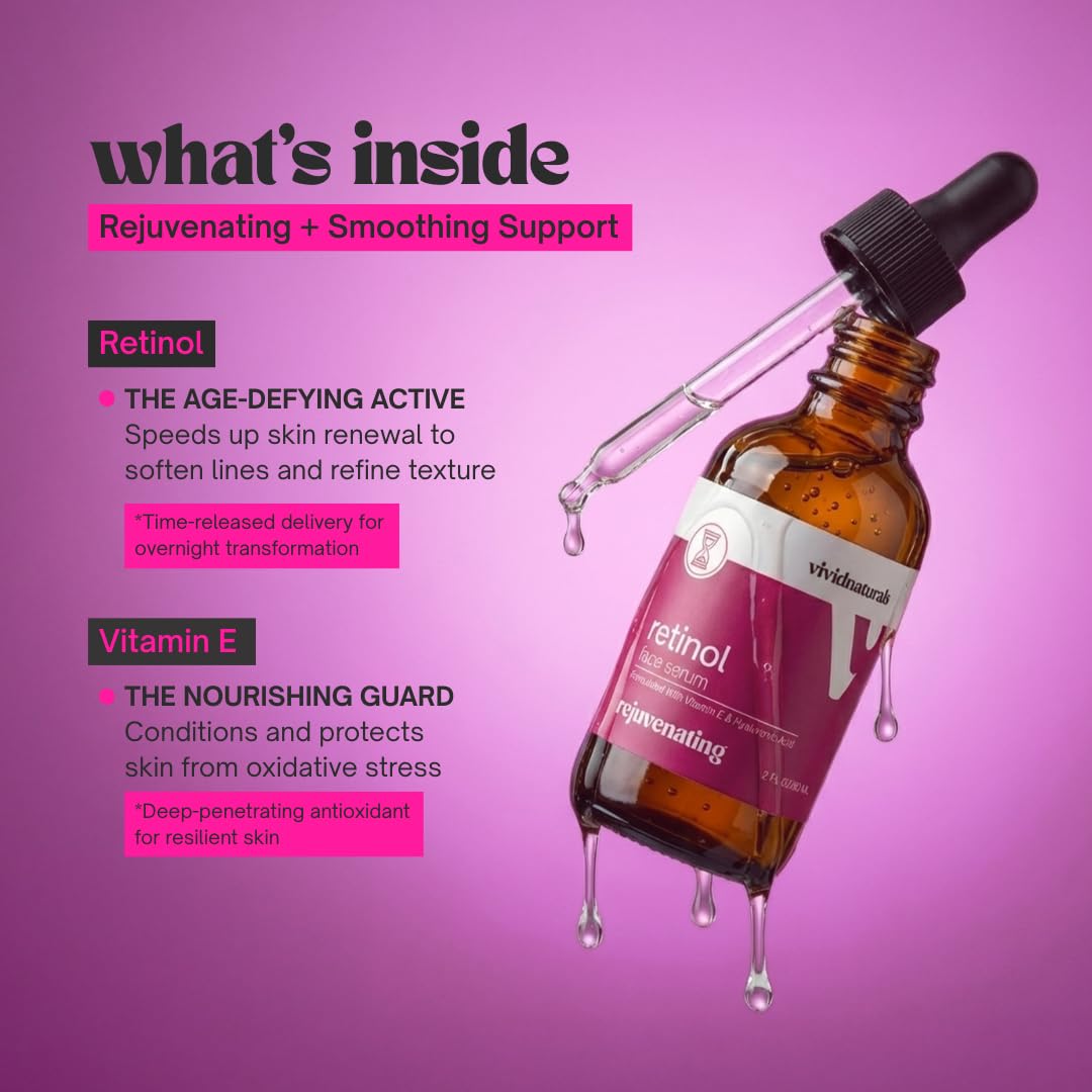 Vivid Naturals Retinol Serum for Face Made in USA 60ml - Retinol Face Anti Aging Serum with Vitamin E Hyaluronic Acid Anti Wrinkle Night Serums for Skin Care Facial Serums for Aging Skin