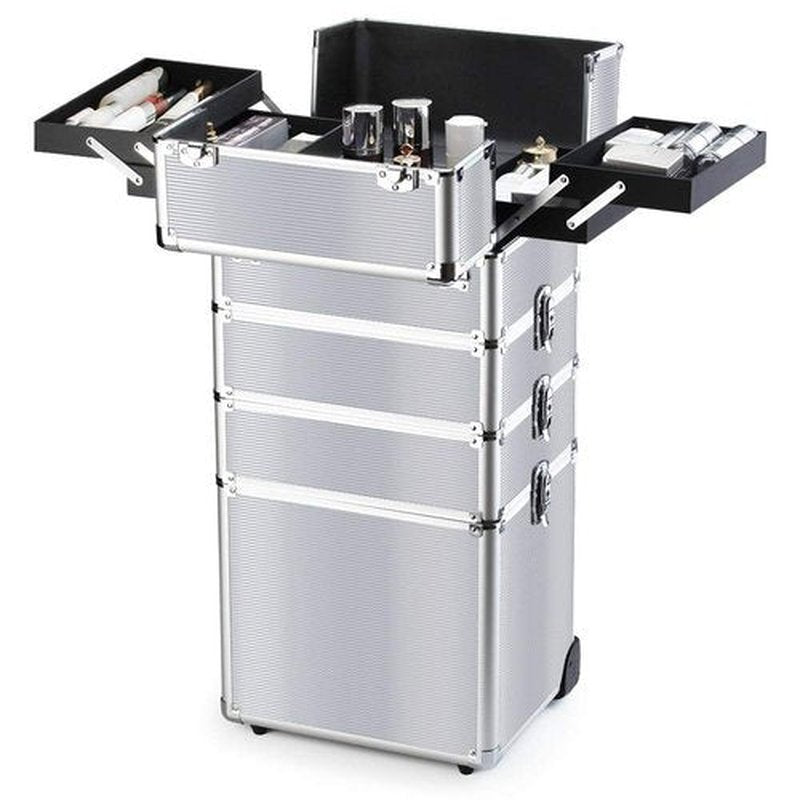 OUDMAY Makeup Rolling Train Case 4-in-1 Professional Artist Trolley Cosmetic Organizer with 2 Wheels Durable Aluminum Frame Folding Trays and Locks Silver