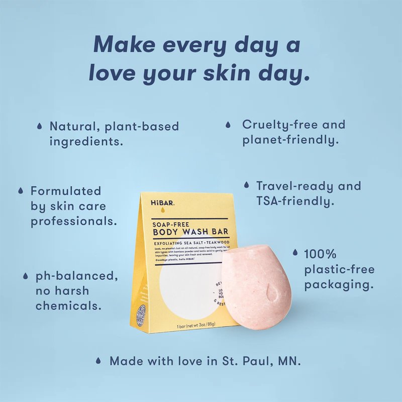 HIBAR - Exfoliate Solid Body Wash Bar - Revive & Restore - With Bamboo Powder & colloidal oat - Daily Use & Sensitive Skin - Plastic, Paraben & Soap-Free - Vegan - Sea Salt + Teakwood
