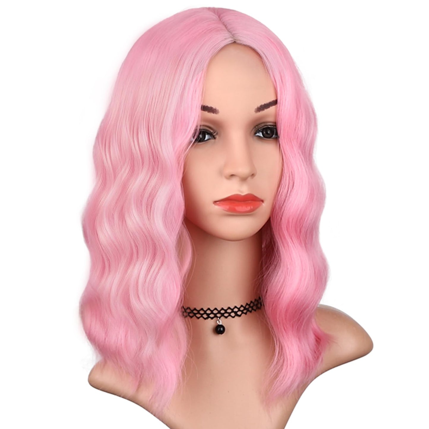 BEAUTIFA Pink Wig for Women Wavy Curly Light Pink Bob Wigs Middle Part 14 Inch Shoulder Length Heat Resistant Synthetic Colorful Wig