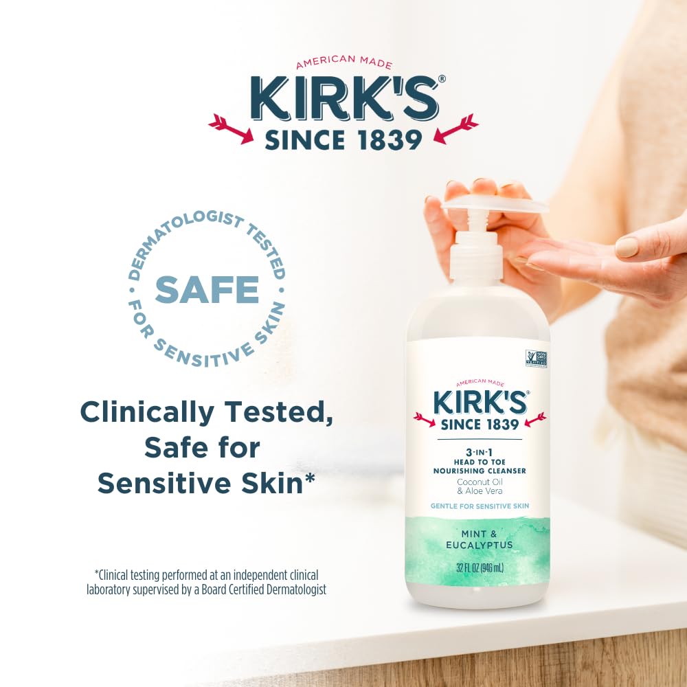 Kirk's 3-in-1 Head to Toe Nourishing Liquid Cleanser & Travel Size Bar Soap - for Men, Women & Children - Premium Coconut Oil & Aloe Vera- Non GMO & Vegan -Mint & Eucalyptus - 32 Fl Oz. 2 pack