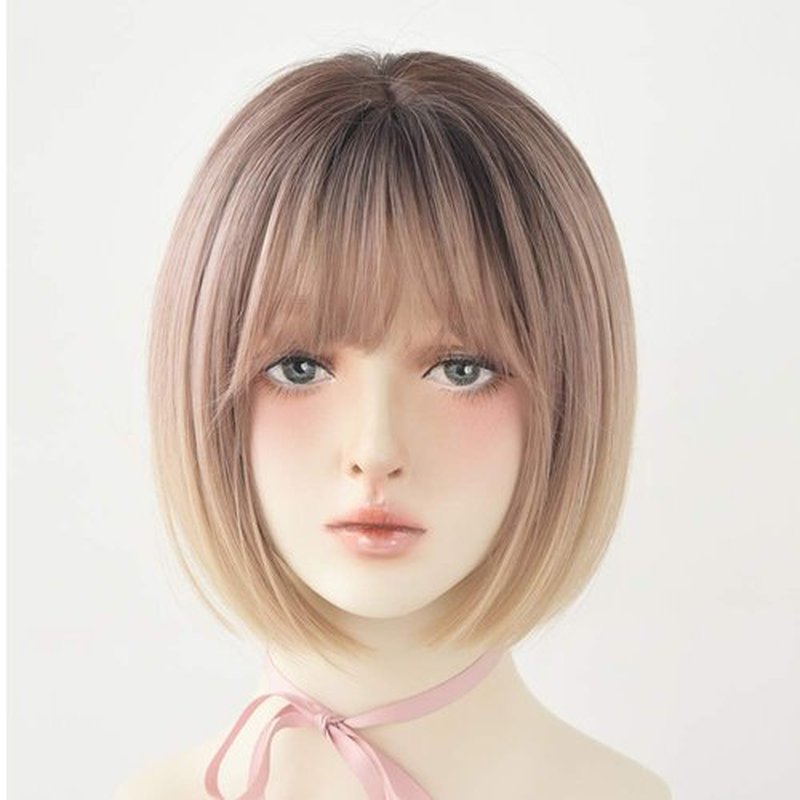 URCGTSA Blonde Short Bob Wig Straight Rose Golden Bob Wig with Bangs Synthetic Straight Bob Wig for Women Natural Looking for Daily Use (Rose Gold)