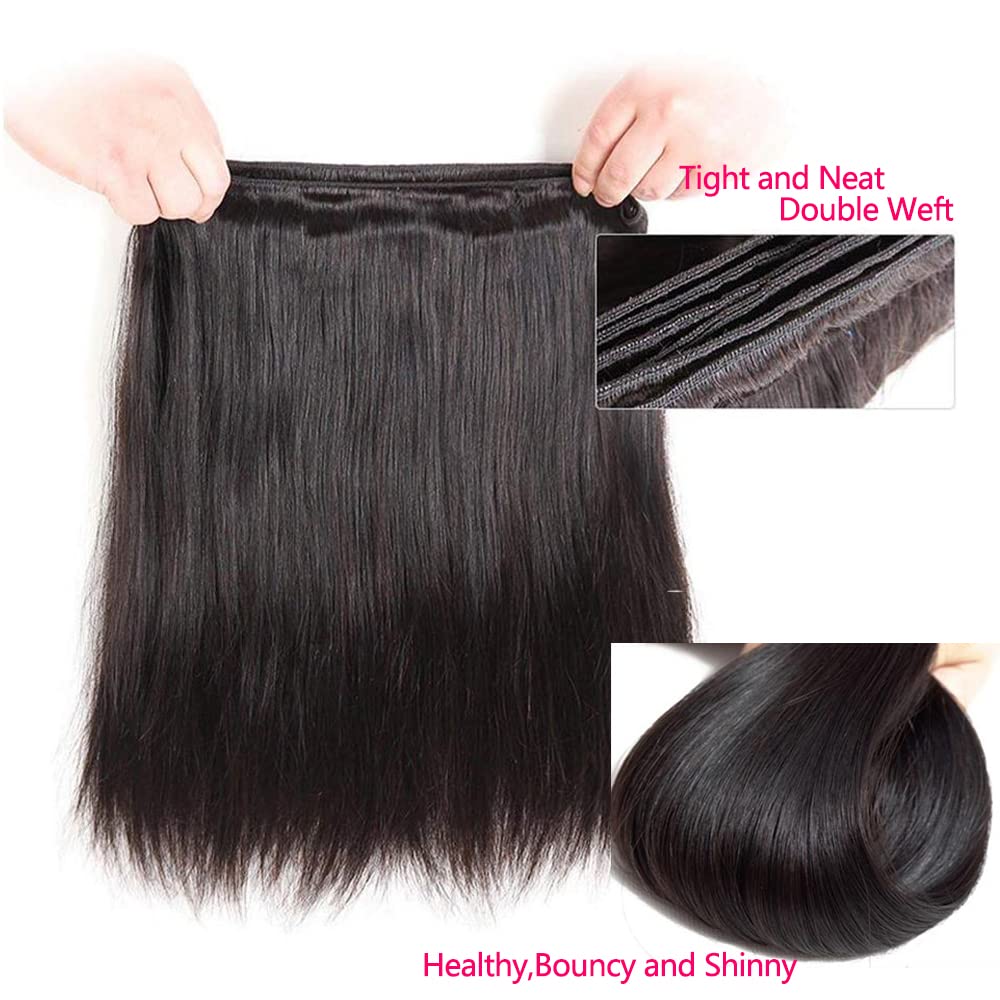 QinMei Brazilian Straight Hair 3 Bundles 10A 100% Virgin Unprocessed Human Hair Weave Extensions Brazilian Remy Straight Human Hair Bundles Natural Black Color (18 20 22inch)