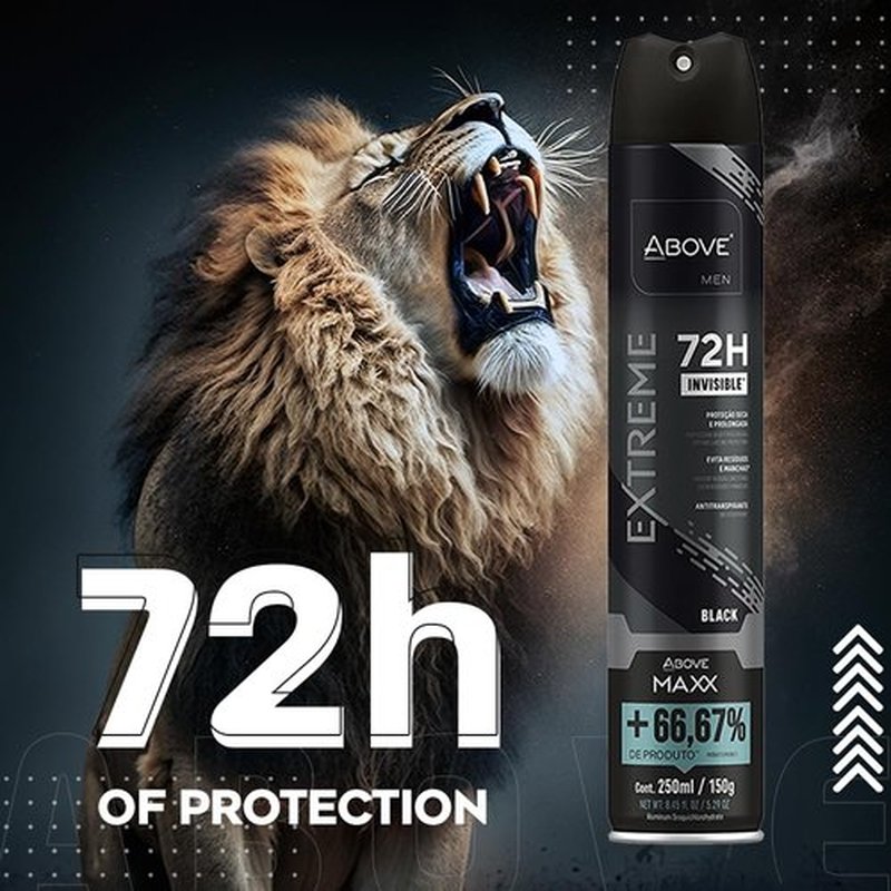 ABOVE Mens Deodorant Antiperspirant, 72 Hours (Extreme Men Black MAXX) -Protects Against Sweat & Body Odor - Dry, No Stain & Moisturizing Instant Freshness - Deodorant Spray, Alcohol Free - 5.29 oz
