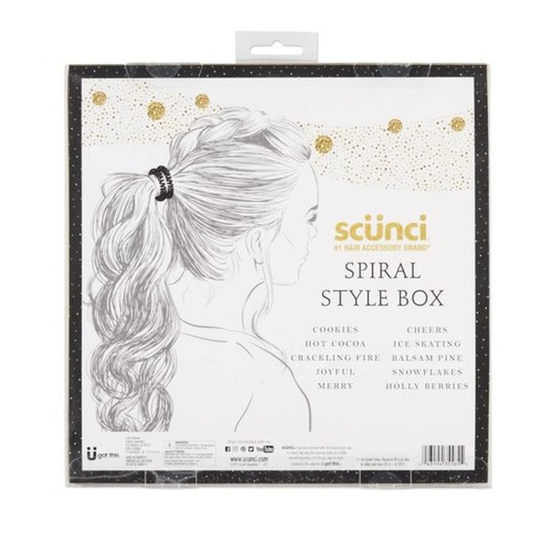 Festive Spiral Hair Tie Elastic Fashion Gift Box Contains 20 No-Stress, No-Damage Ponytail Bands in Pink, Coral, Green, Sage, Navy, Berry, Black, Blue, Gold, Red in Acrylic Presentation Box