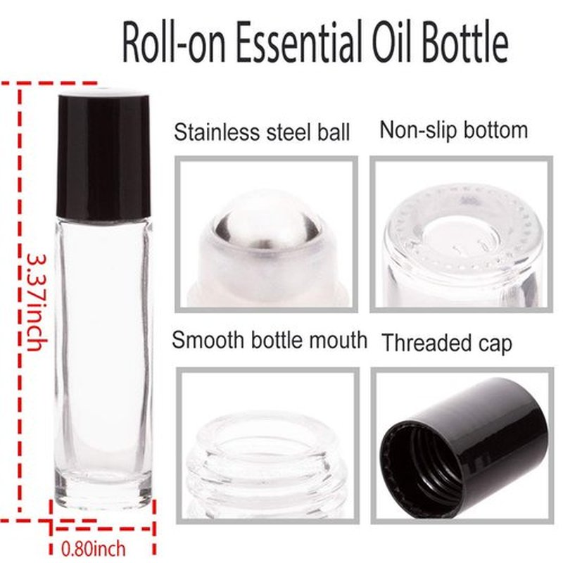 ZIZEMOJA 6Pcs 10ml Essential Oil Roller Bottles, with Stainless Steel Roller Balls, 10ml Clear Glass Roll on Bottles for Essential Oils, 1 Extra Roller Ball, 6 Labels, 1 Openers, 2 Droppers Included