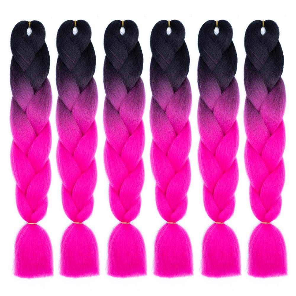 SHUOHAN 6 Packs Ombre Jumbo Braiding Hair Extensions 24 Inch High Temperature Synthetic Fiber Hair Extensions for Box Braids Braiding Hair (Black to Rose Red)