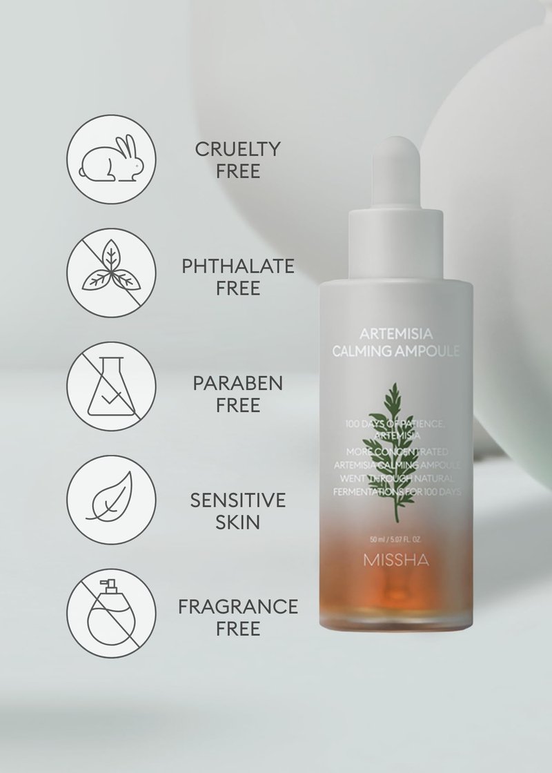 MISSHA Artemisia Calming Ampoule 1.69 Fl oz / 50ml - Face Serum for Sensitive Skin, Korean Skin Care with Double-Fermented Mugwort Extract, Hydrating & Skin Barrier Support