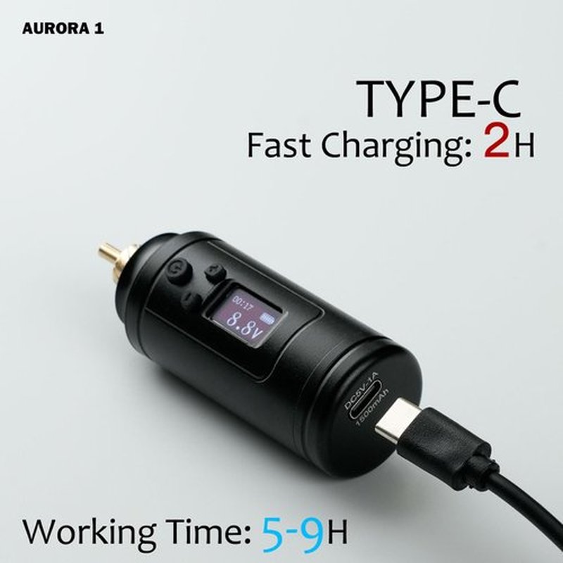 Dragoart Aurora-1 1500mAh Tattoo Battery for Wireless Tattoo Gun 4V-12V, OLED Screen Timer Display Screen Mirroring, Lightweight Tattoo Power Supply for Wireless Tattoo Gun Tattoo Machine, RCA Silver