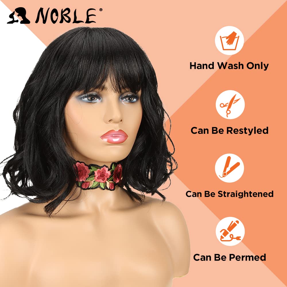 NOBLE Short Black Wig with Bangs Bob Curly Wavy Wigs with Bangs for Women Natural Black Heat Resistant Synthetic Fiber Wigs for Daily Party Cosplay Costume Wigs