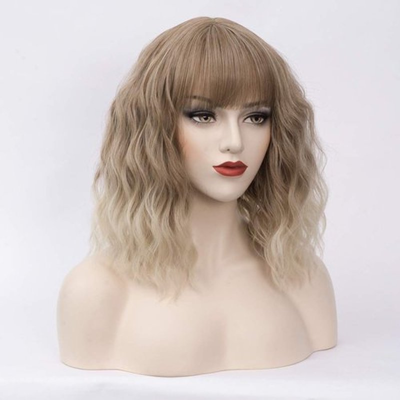 BUFASHION 14" Women Short Wavy Curly Wig Ombre Brown Bob Wig Cosplay Halloween Synthetic Wigs With Neat Bang Wig With Free Wig Cap(Ombre Brown 1)