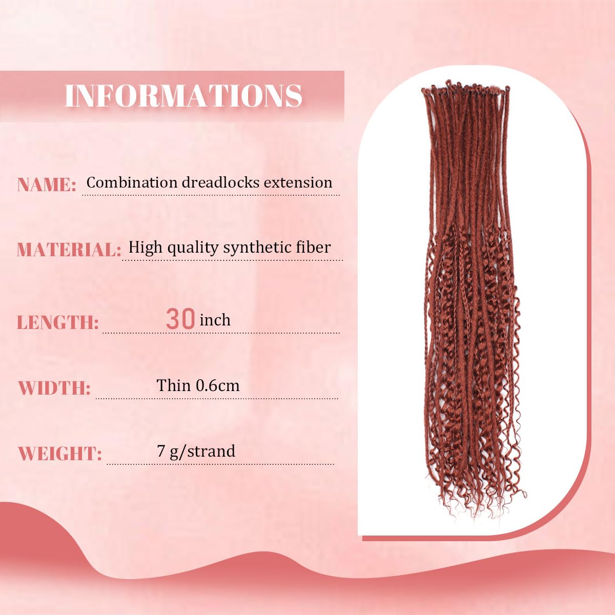 Quiduis 30 Inch 30 Strands SE Dreadlock Extensions,3 In 1 Mixed Synthetic Dreads Extensions,Maroon Red Curly&Straight&Boho Single Ended Dreads Extensions Hippie Style Dreadlock for Women…