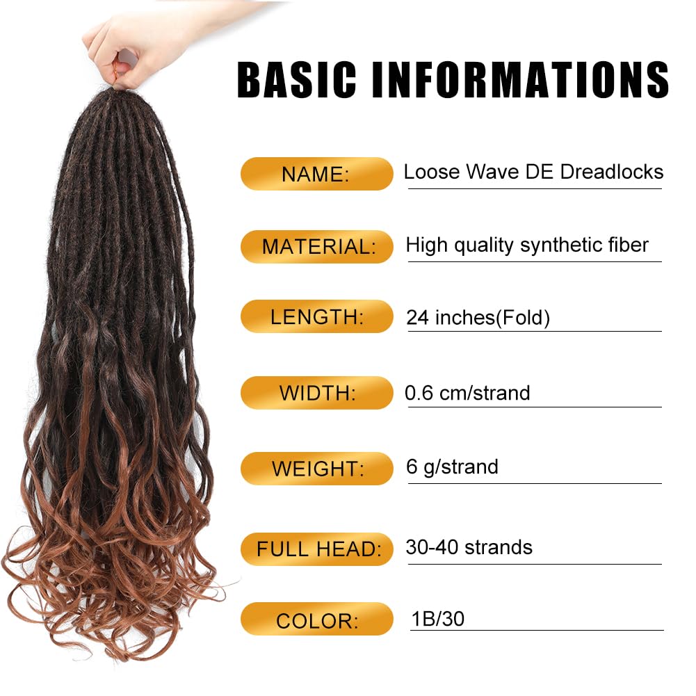 Aguacor Loose Wave Dreadlocks Synthetic French Curly Double Ended Dreadlock Extensions 24inches 10 Strands Thin Soft Black to Dark Brown Spanish Curly DE Dread Extensions for Women (10 Strands, 1B/30)