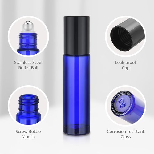bofessor 8 Pack, Essential Oil Roller Bottles, 10ml Blue Glass Roll on Bottles with Black Lids, Stainless Steel Roller Ball, Opener, Pipettes, Funnel, 8 Stickers, Refillable Container for Perfume