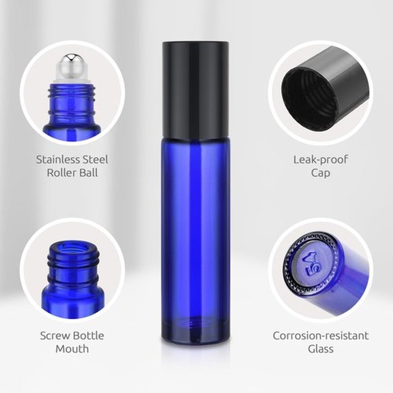 bofessor 8 Pack, Essential Oil Roller Bottles, 10ml Blue Glass Roll on Bottles with Black Lids, Stainless Steel Roller Ball, Opener, Pipettes, Funnel, 8 Stickers, Refillable Container for Perfume