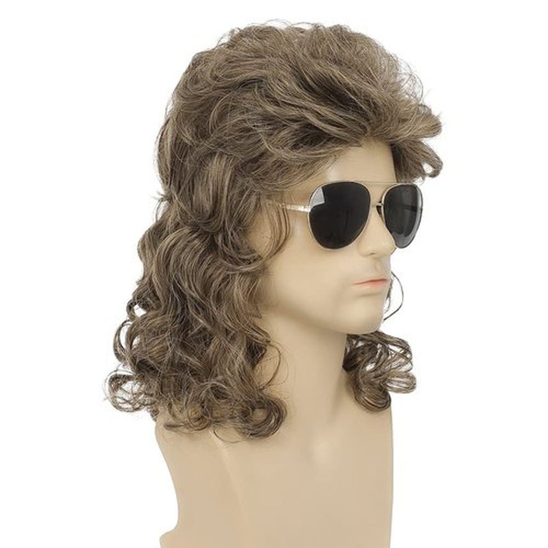 Dai Cloud Mens Mullet Wig Long Curly Brown 80s Wigs Heat Resistant Halloween Costumes Party Hair Wigs for Male Guys (Light Brown)