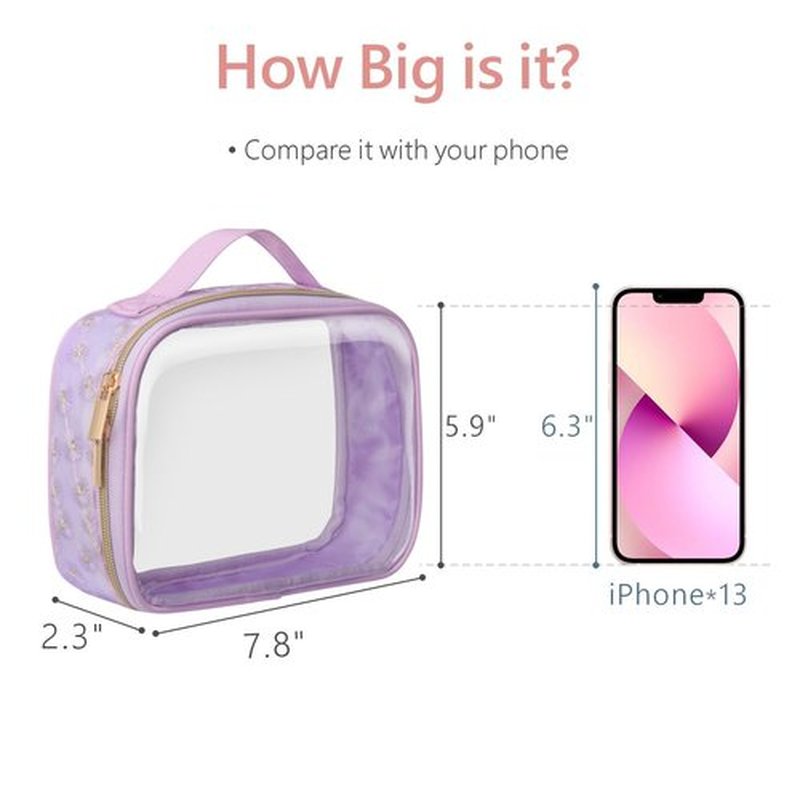 PACKISM Floral Texture TSA Approved Toiletry Bag - 180° Large Opening Clear Makeup Bags with Handle, Easily Access, Clear Travel Bags for Toiletries TSA Approved, Thick 0.5 mm, Purple