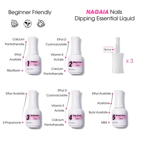 NAGAIA Premuim Nail Dipping System, Dip Essential Liquid Set, All In One Dip Liquid Kit, Home & Salon Nail Dipping Manicure, Air Dry Dip Powder System, Salon Acrylic Nail Alternative, 3 Replaced Brush