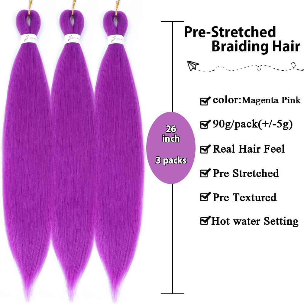 Magenta Pink Pre Stretched Braiding Hair 26 Inch Box Braid Hair Extensions 3 Packs Yaki Texture Pre feathered Braids Hair Easy to Use for Women Girls Kids