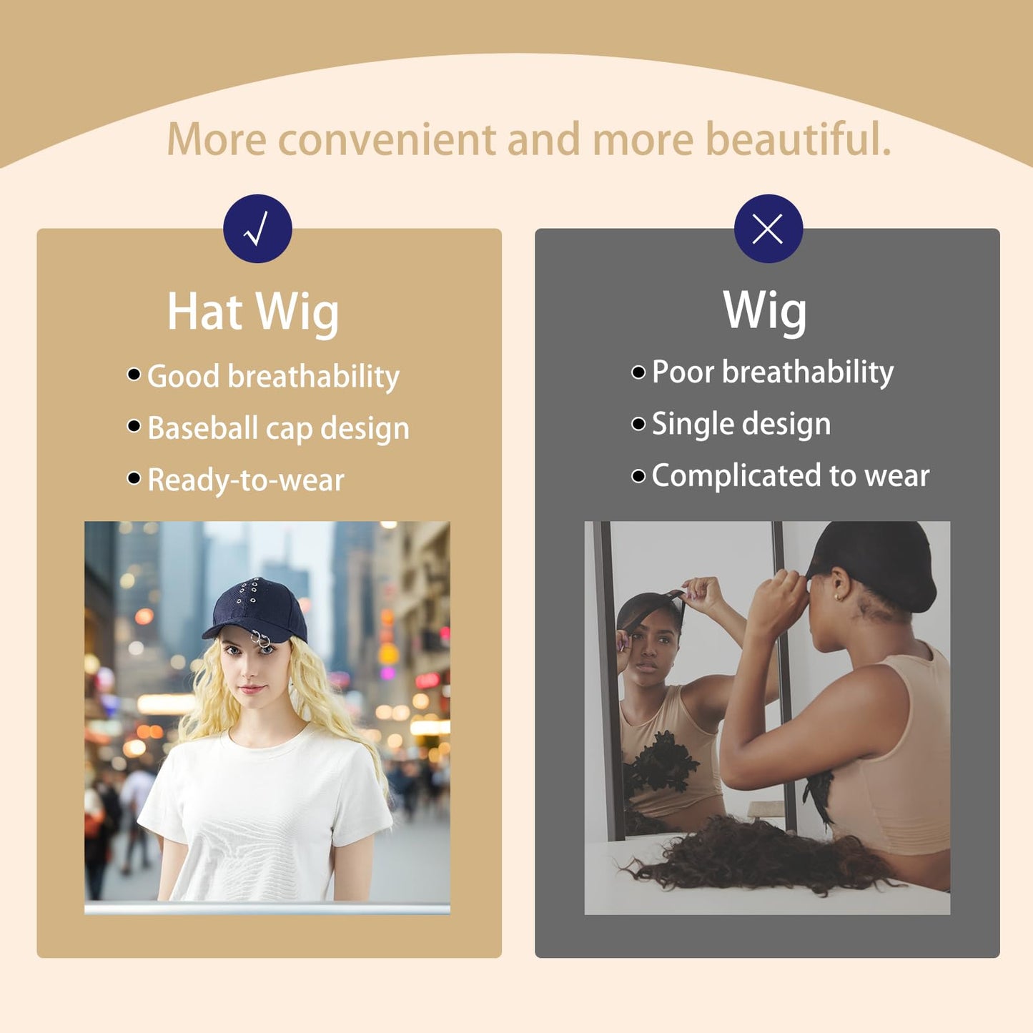 SUNBORRY Hat Wig for Women Baseball Cap with Hair hat with hair attached for women Extensions Adjustable Hat Attached 26" Long Wavy Hairpieces Synthetic Wig
