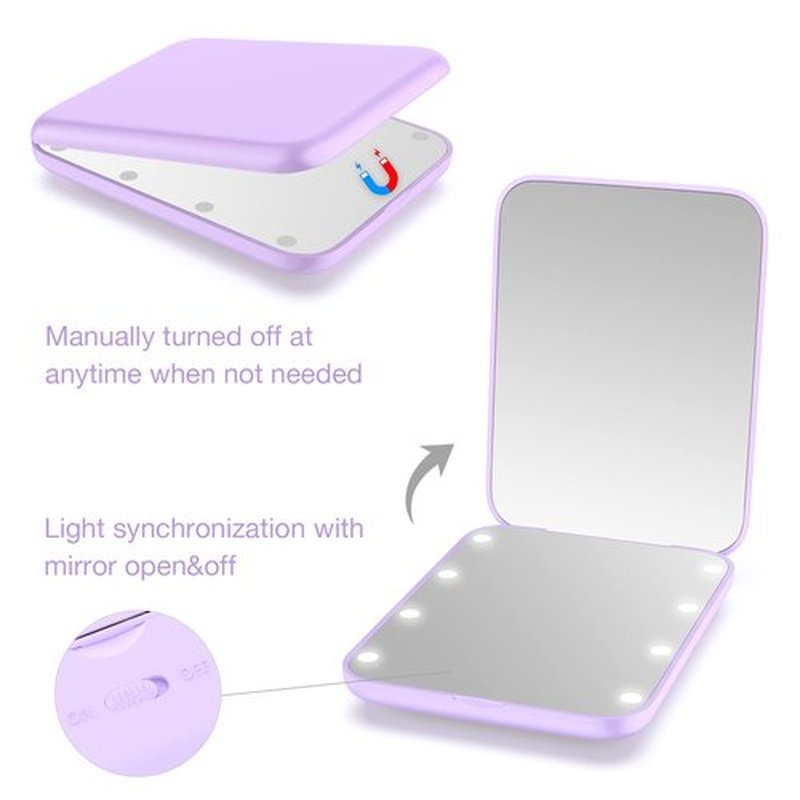 wobsion Compact Mirror, Magnifying Mirror with Light, 1x/3x Handheld 2-Sided Magnetic Switch Fold Mirror,Small Travel Makeup Mirror,Pocket Mirror for Handbag,Purse,Gifts for Girls(Purple)