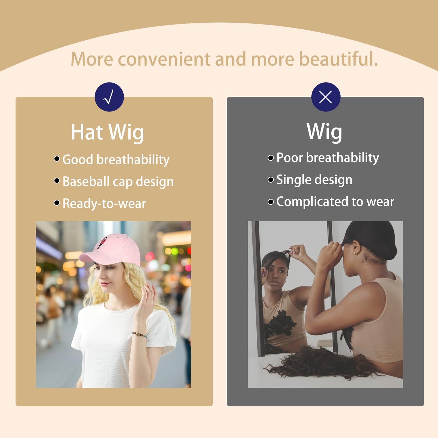 SUNBORRY Hat Wig for Women Baseball Cap with Hair hat with hair attached for women Extensions Adjustable Hat Attached 39" Long Wavy Hairpieces Synthetic Wig