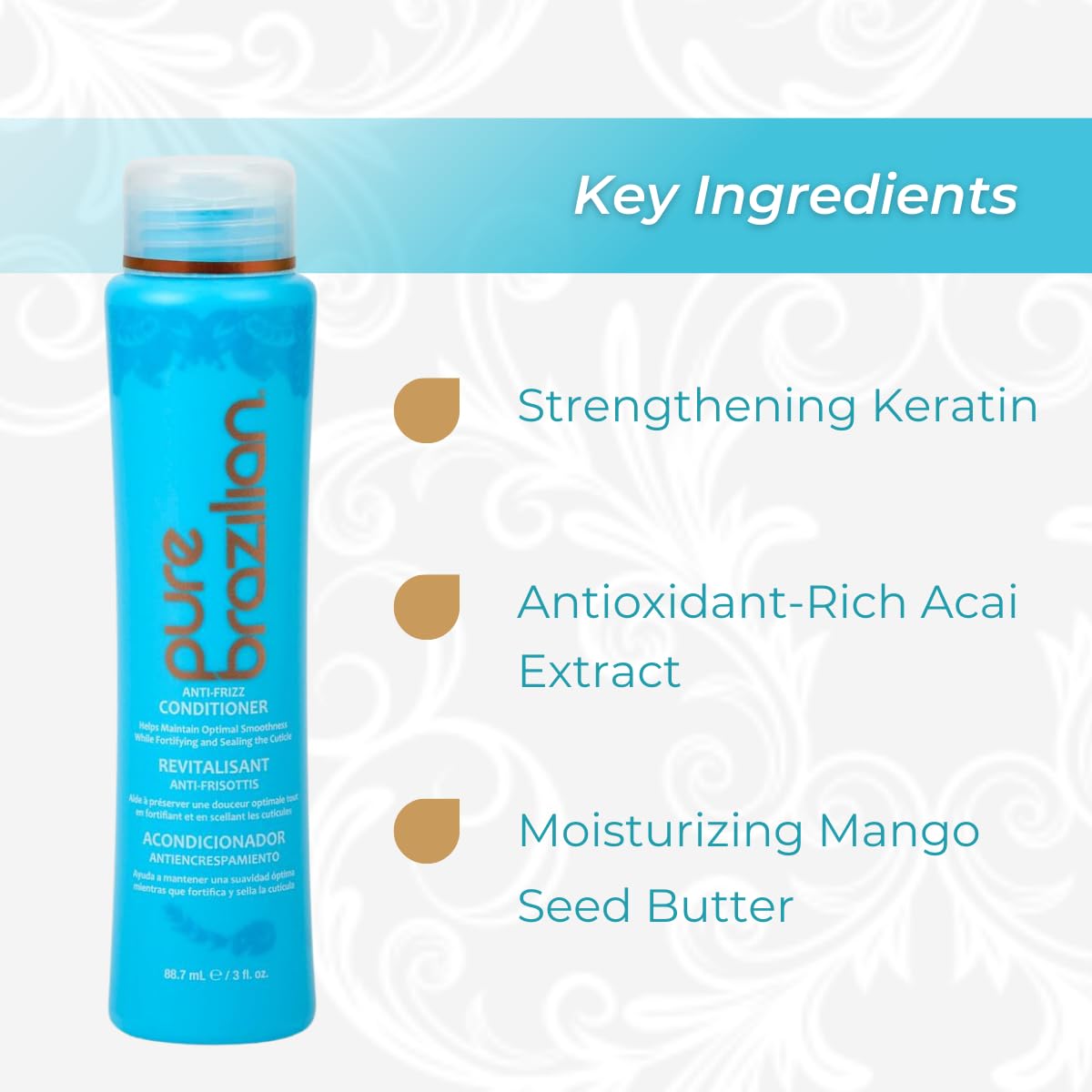 Pure Brazilian Anti-Frizz Daily Conditioner with Keratin & Acai, Smoothing & Strengthening for Shinier, Frizz-Free Hair, 13.5 Oz