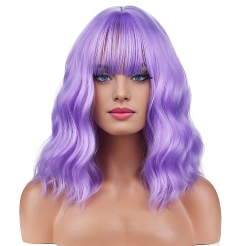 BERON 14 Inches Purple Wig Short Curly Wig Women Girl's Synthetic Wig Lavender Purple Wig with Bangs Wig Cap Included
