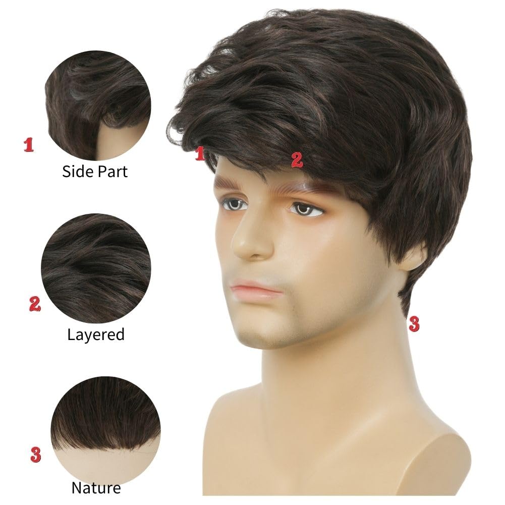 Amnenl Mens Brown Short Wig Layered Natural Wigs Side Part Male Hair Wig with Bangs for Daily Use