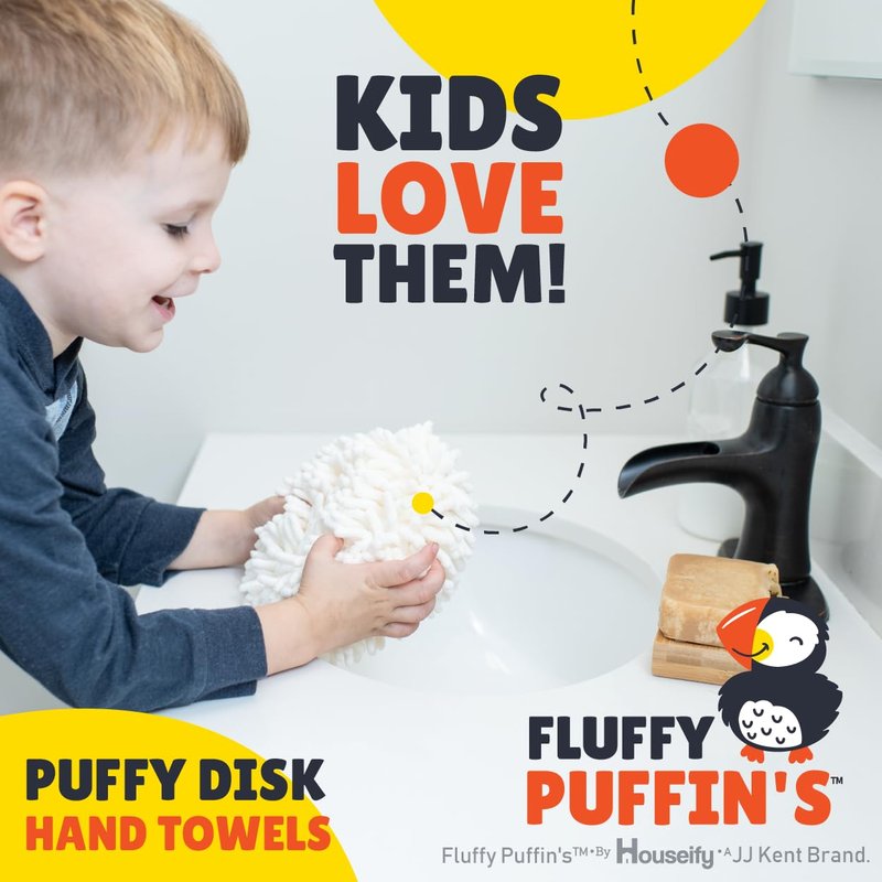 JJ KENT Fluffy Puffins Microfiber Hand Towels - Set of 3 Fluffy Hand Towels with Wall Hook Attachment - Quick and Easy Hand Drying Puffs