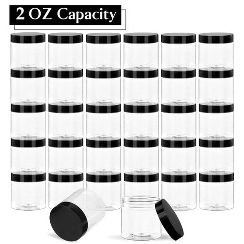 TUZAZO 2 Oz Small Plastic Container Jars with Lids and Labels BPA Free, Empty Round Clear Cosmetic Containers Plastic Slime Jars for Lotion, Cream, Ointments, Samples, Makeup, Travel Storage (12 Pack)