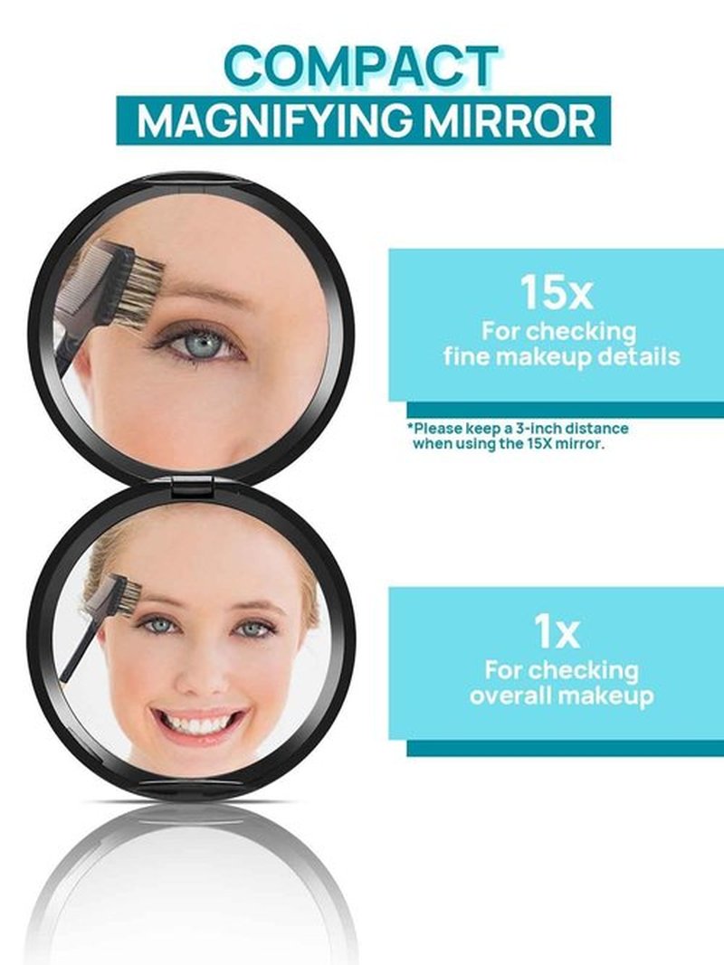 Macaki Compact Mirror for Purses,1X/15X Magnifying Mirror,3-inch Pocket Size Small Mirror for Travel and Makeup,Round Black