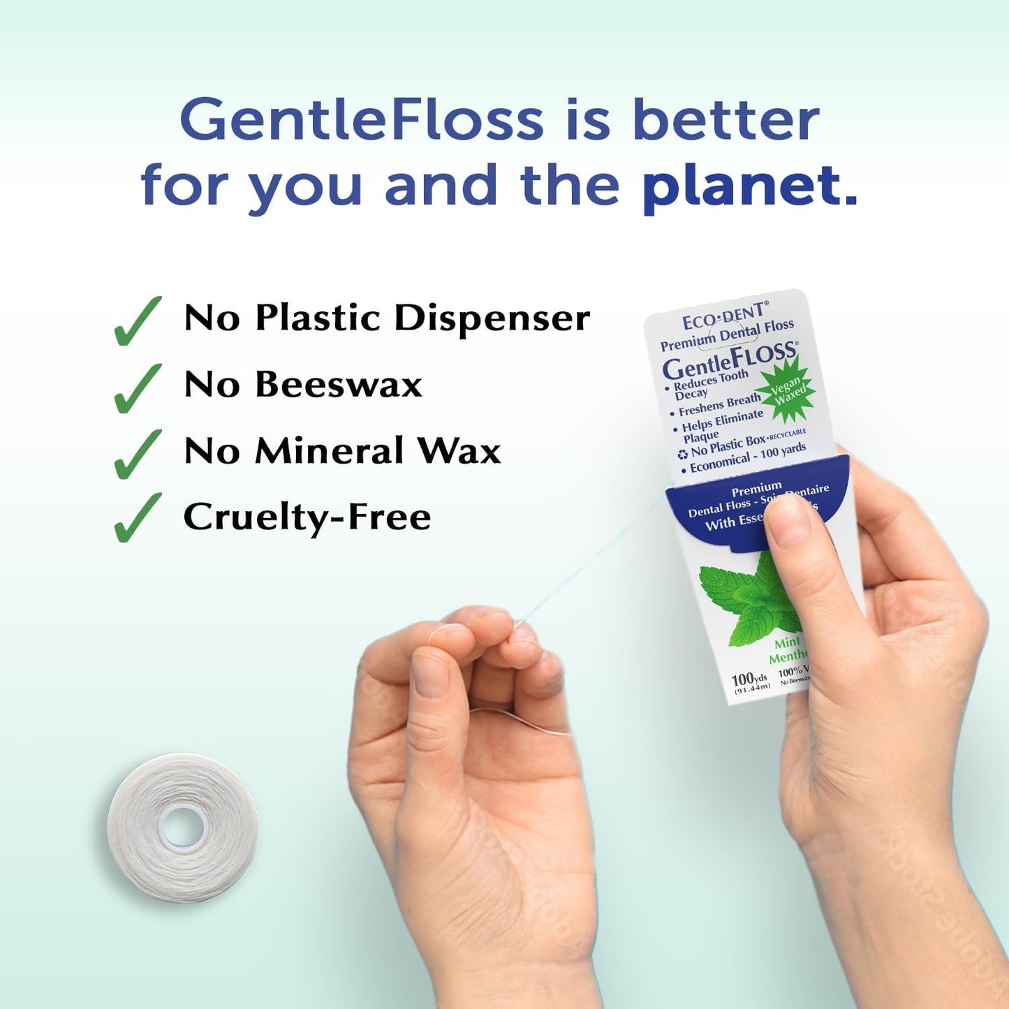 Eco-Dent GentleFloss Dental Floss, Waxed, Mint - Floss with Vegan Plant-Based Wax, Recyclable Cardboard Packaging, 100 Yds Ea (Pack of 6)