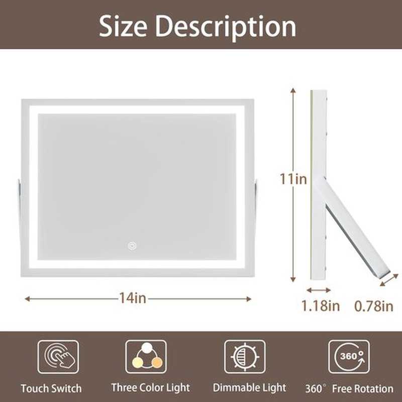 Hasipu Vanity Mirror with Lights, 14" x 11" LED Makeup Mirror, 3 Modes Light, Smart Touch Control Dimmable, 360°Rotation, Rectangle White Frame, with 5X Magnifying Glass