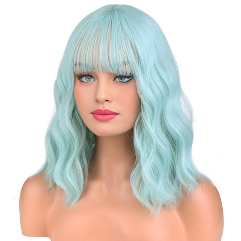 BERON 14 Inches Mint Green Wig Short Curly Wig with Bangs Green Wig Women Girl's Charming Wig Mint Green Wig Synthetic Wig with Wig Cap
