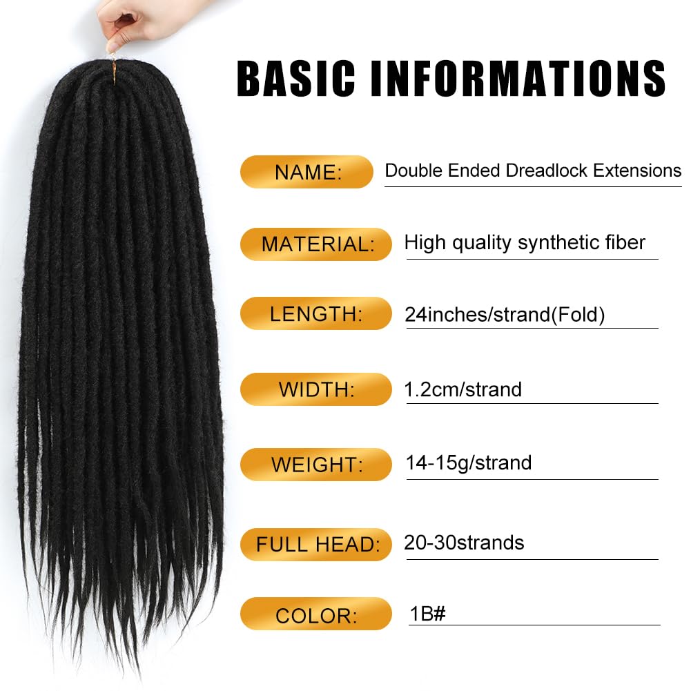 Aguacor Straight Dreadlocks Synthetic Double Ended Dreadlock Extensions 24inches 5 Strands Width 1.2cm Soft DE Black Dreadlock Extensions for Women (5 Strands, 1B#)
