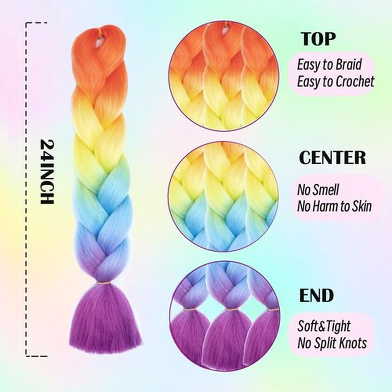 Jumbo Braiding Hair Fiber Silky Colorful Twist Braiding Hair 3pcs Rainbow Colors Extensions Synthetic Hair Orange Yellow Blue Purple Synthetic Fiber Soft Healthy (24 Inch 3pcs)