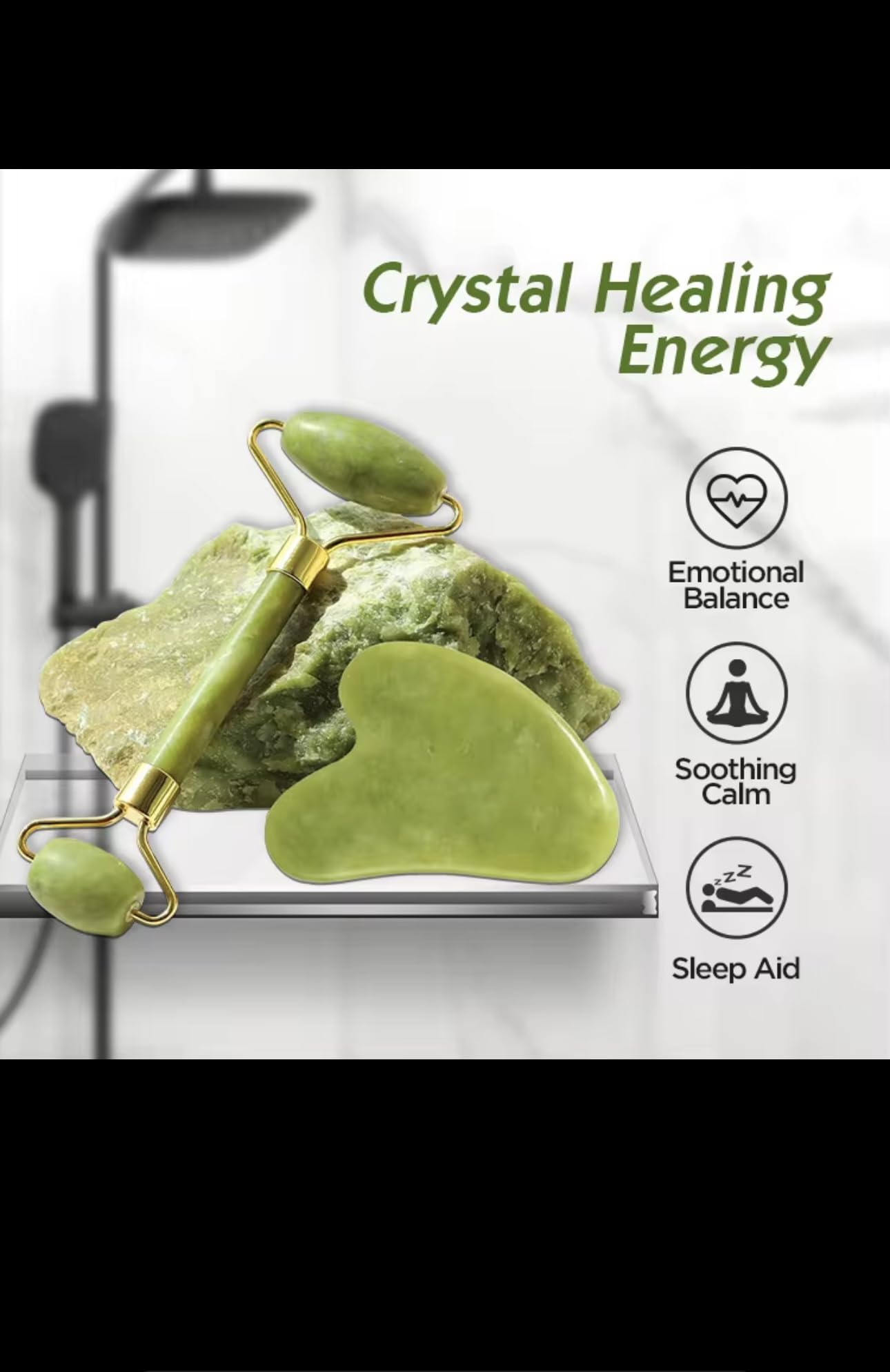 Jade Roller and Gua Sha Set, Natural Green Stone Facial Massage Tools with Gold Accents, 2-Piece Beauty Kit