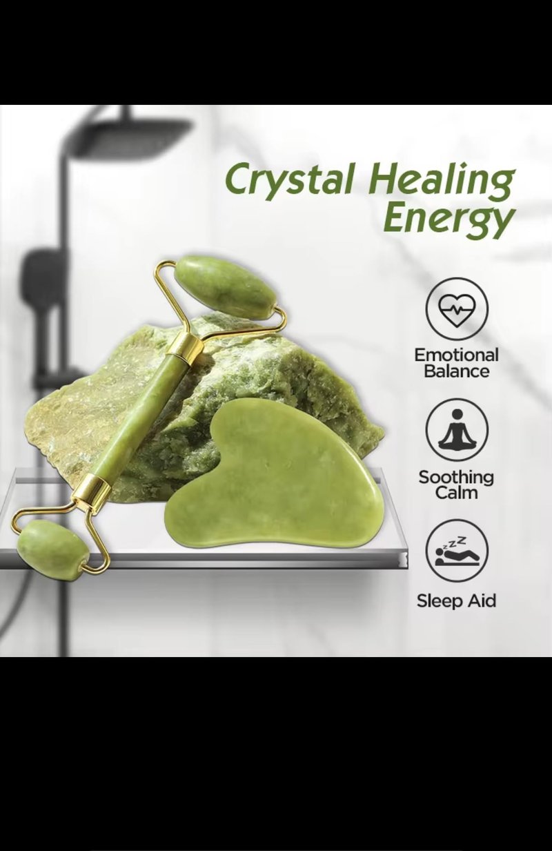 Jade Roller and Gua Sha Set, Natural Green Stone Facial Massage Tools with Gold Accents, 2-Piece Beauty Kit