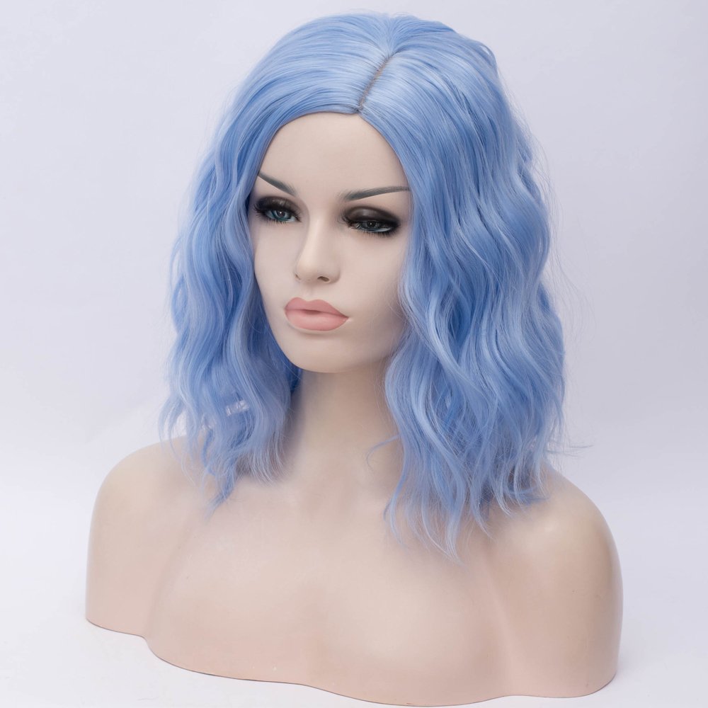 BERON Blue Wigs for Women Girls Short Curly Wavy Hair Wig Sky Blue Colored Halloween Cosplay Daily Party Wigs
