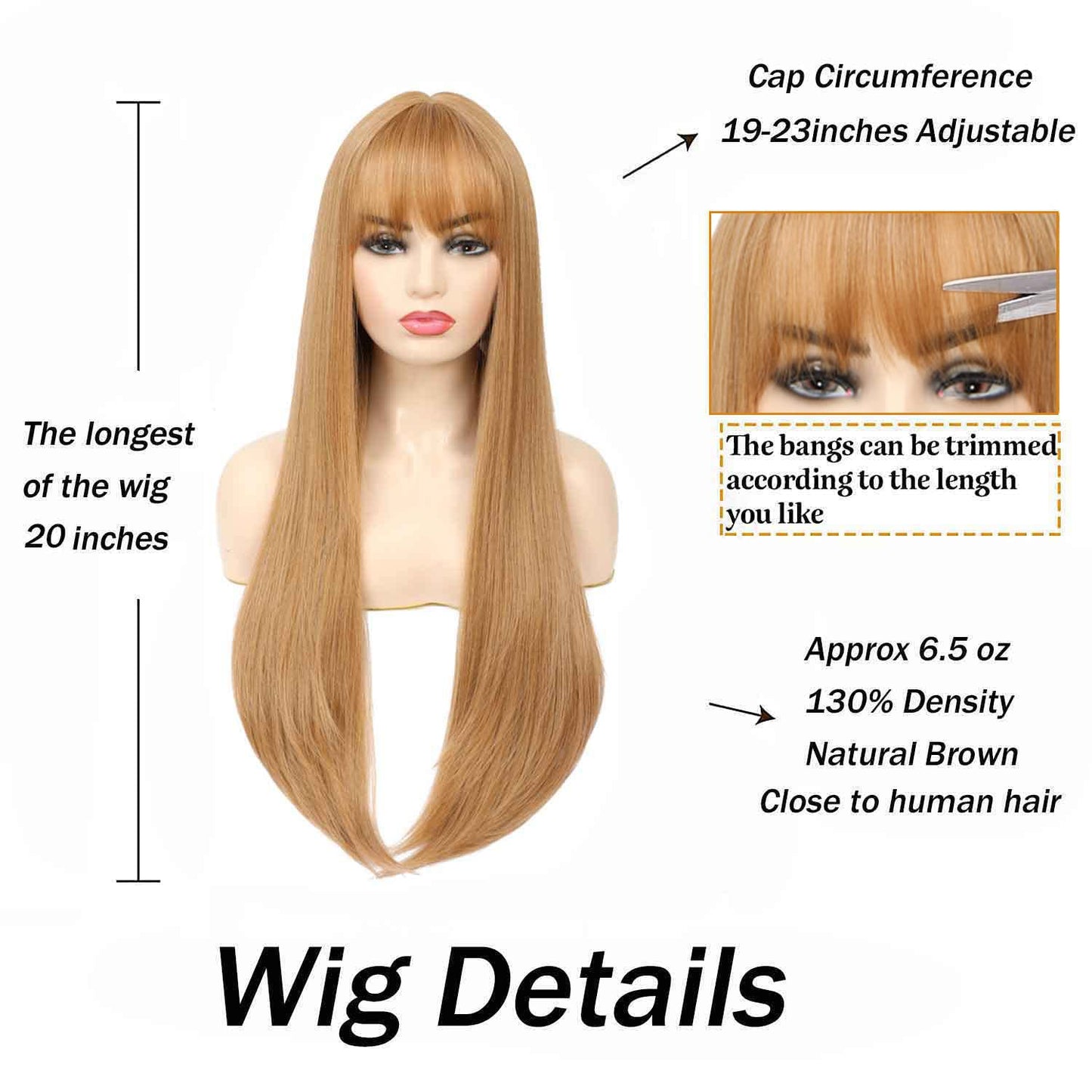 SOKU Strawberry Blonde Natural Straight Wig with Bangs 28" Long Straight Honey Blonde Fringe Wig Synthetic Silky Hair Wigs for Women Cosplay Costume Wigs