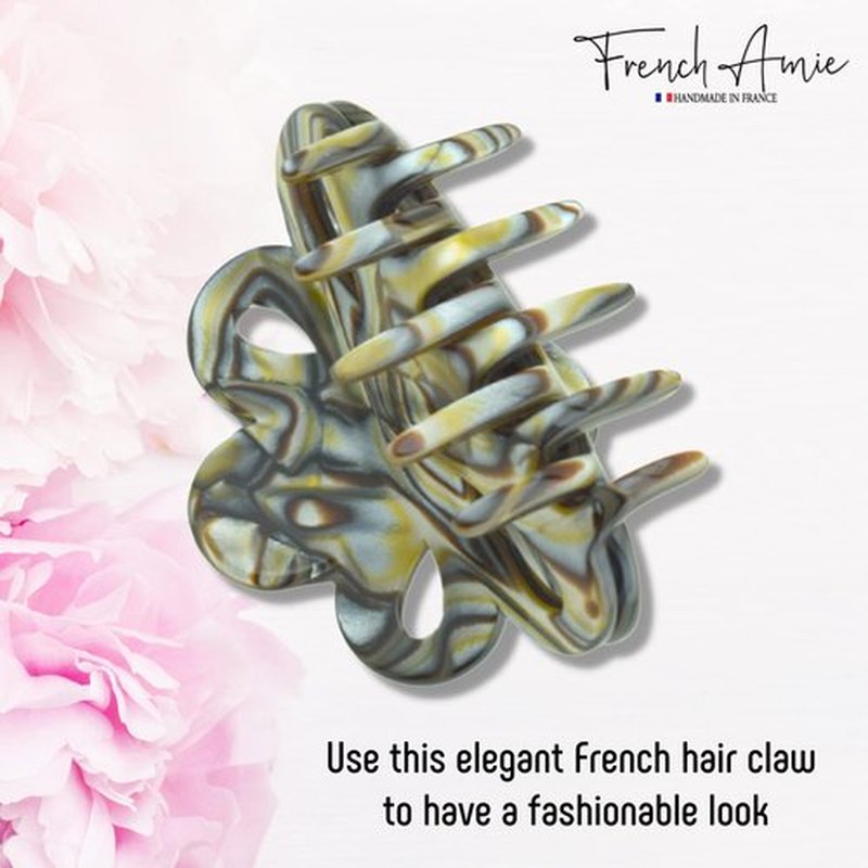 French Amie Flower Small 2 1/4" Handmade Cellulose Acetate Covered Spring Claw No Slip Grip Hair Clips Claw Girls Hair Claw Clips Jaw Fashion Durable Styling Paris Hair Accessories for Women, Made in France (Silver Onyx)